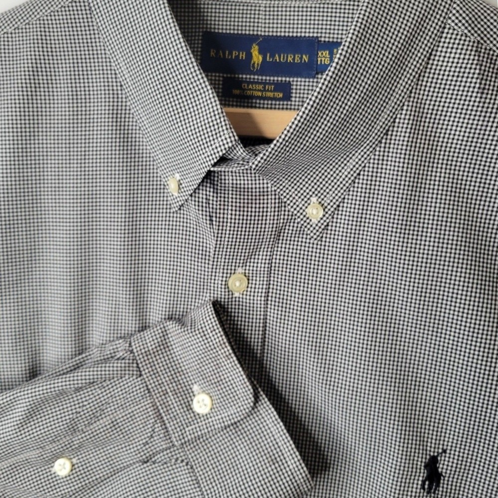 Ralph Lauren Button Down Mens XXL Black White Gingham Classic Fit Cotton Stretch